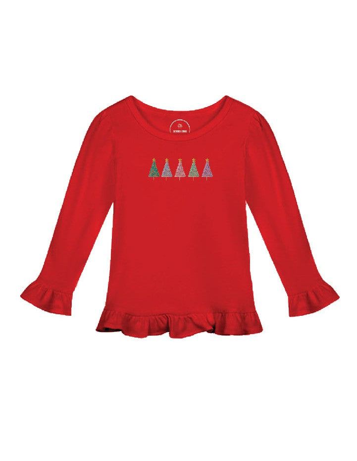 Multicolor Trees Long Sleeve Ruffle Shirt